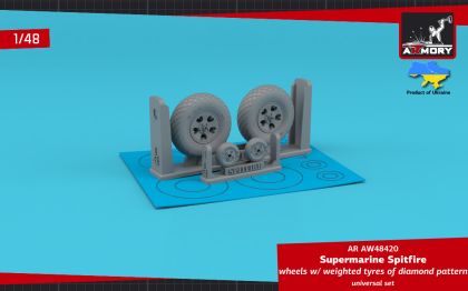 1:48 Supermarine Spitfire wheels w/ weighted tyres of diamond pattern & 5-spoke hubs