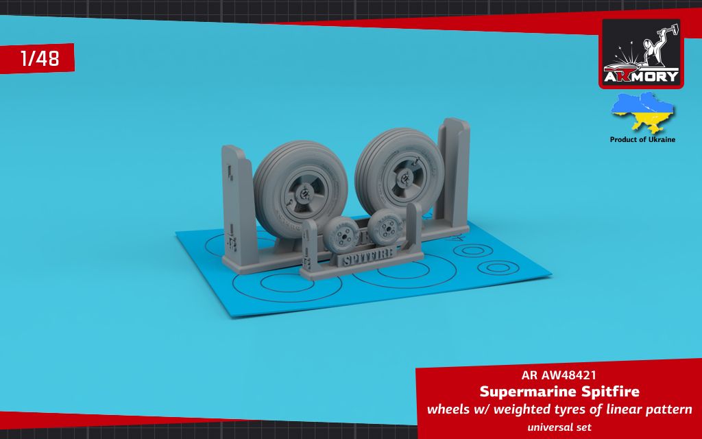 1:48 Supermarine Spitfire wheels w/ weighted tyres of linear pattern & 3-spoke hubs