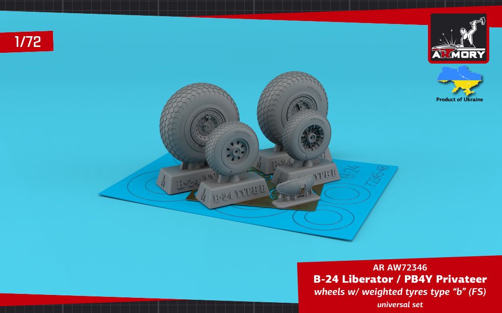 1:72 B-24 Liberator / PB4Y Privateer wheels w/ weighted tyres type “b” (FS), 2 types nose wheels, 3D-printed mudguard & PE hubcaps
