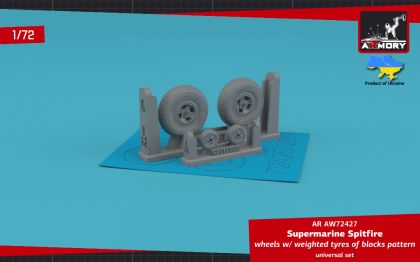 1:72 Supermarine Spitfire wheels w/ weighted tyres of block pattern & 4-spoke hubs