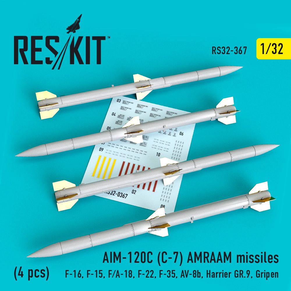 1:32 AIM-120C (C-7) AMRAAM missiles (4 pcs) (F-16, F-15, F/A-18, F-22, F-35, AV-8B, Harrier GR.9, Gripen)
