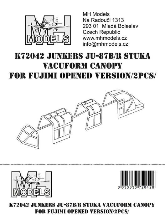 1:72 Junkers Ju-87B/R Stuka vacuform canopy for Fujimi opened version 2pcs