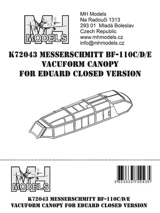 1:72 Messerschmitt Bf-110C/D/E vacuform canopy for Eduard closed version
