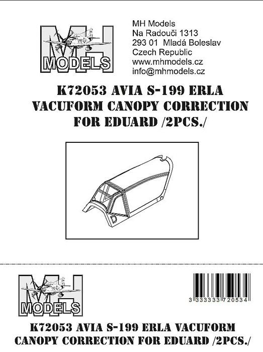 1:72 Avia S-199 Erla vacuform canopy correction set for Eduard closed version 2pcs.