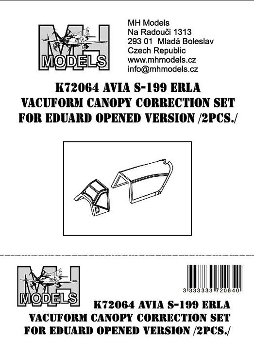 1:72 Avia S-199 Erla vacuform canopy correction set opened version 2pcs.