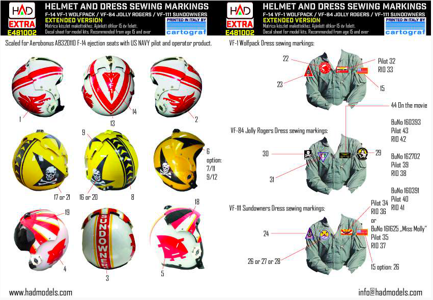 1:48 F-14 Helmets and military dress sewing for F-14 (VF-111, VF-41,VF-1)