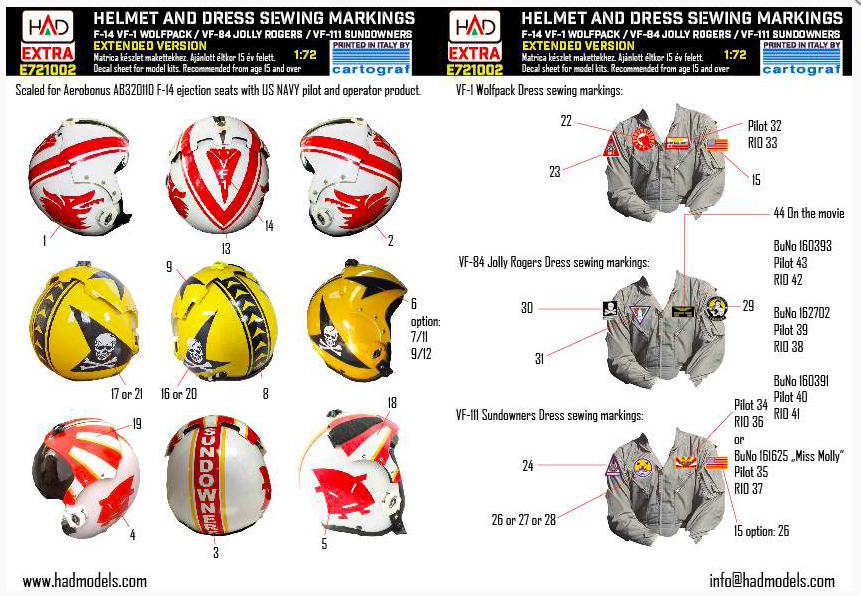 1:72 F-14 Helmets and military dress sewing for F-14 (VF-111, VF-41,VF-1)