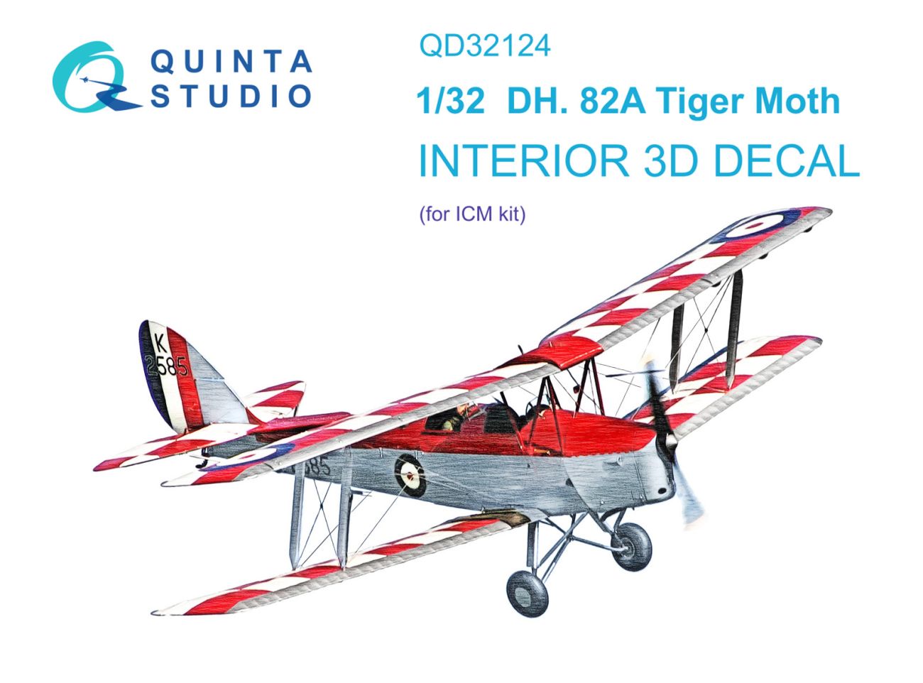 1:32 DH 82A Tiger Moth 3D-Printed & coloured Interior on decal paper (ICM)