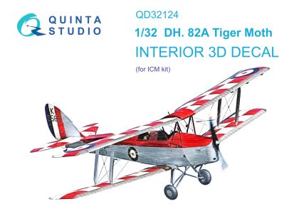 1:32 DH 82A Tiger Moth 3D-Printed & coloured Interior on decal paper (ICM)