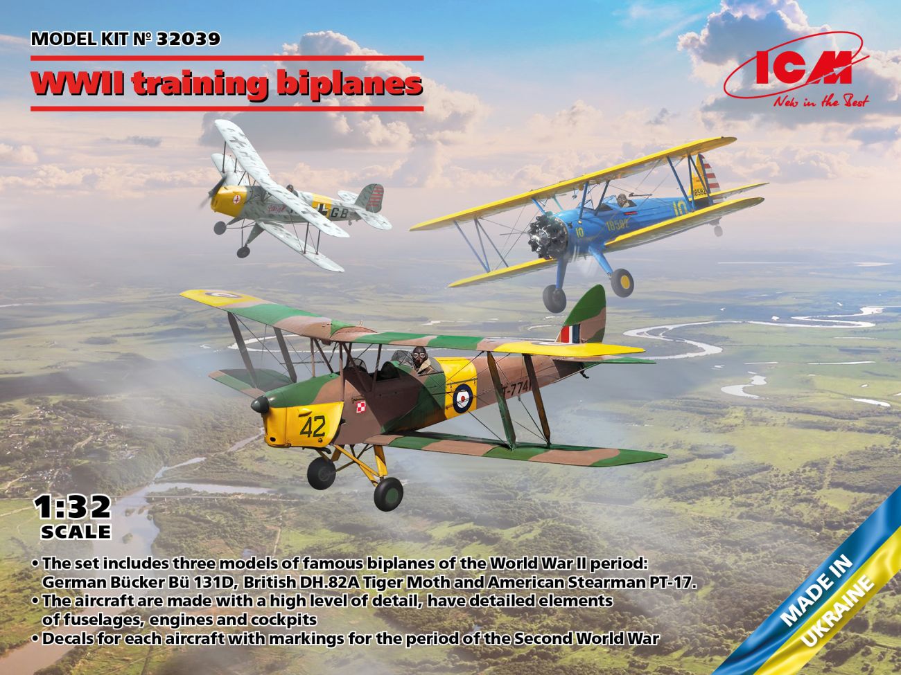 1:32 WWII training biplanes (Bücker Bü 131D, DH.82A Tiger Moth, Stearman PT-17)