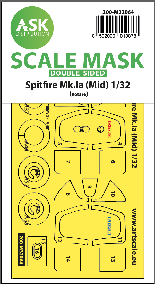 1:32 Spitfire Mk.Ia (mid) double-sided express fit and self adhesive mask for Kotare