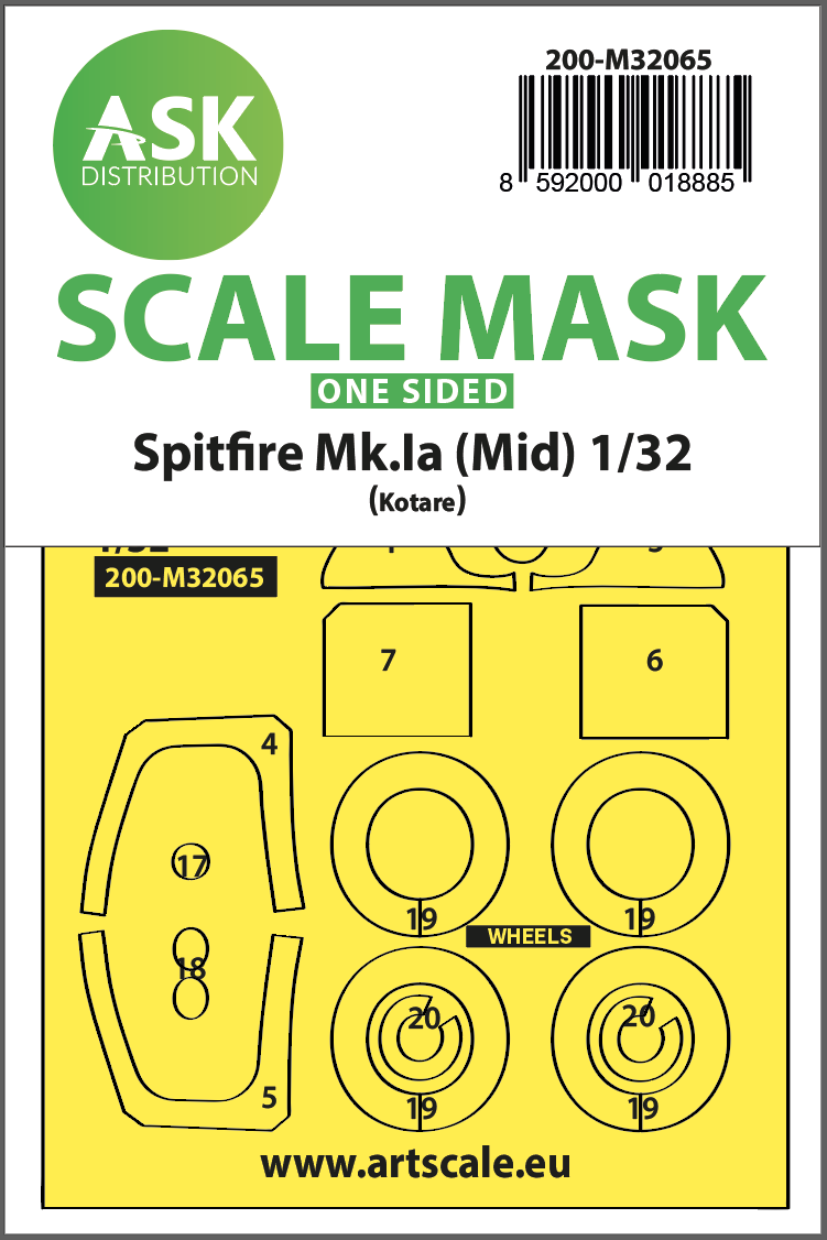 1:32 Spitfire Mk.Ia (mid) one-sided express fit and self adhesive mask for Kotare