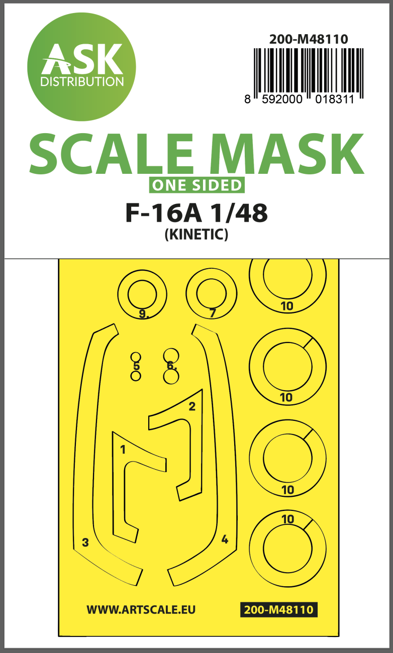 1:48 F-16A one-sided express mask, self-adhesive and pre-cutted for Kinetic