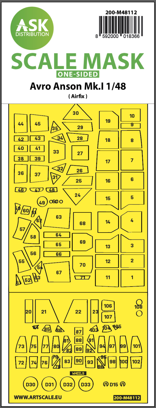 1:48 Avro Anson Mk.I one-sided express mask, self-adhesive and pre-cutted for Airfix