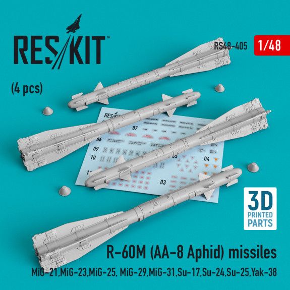 1:48 R-60М (AA-8 APHID) MISSILES (4 PCS) (MIG-21,MIG-23,MIG-25, MIG-29,MIG-31,SU-17,SU-24,SU-25,YAK-38) (3D PRINTING)