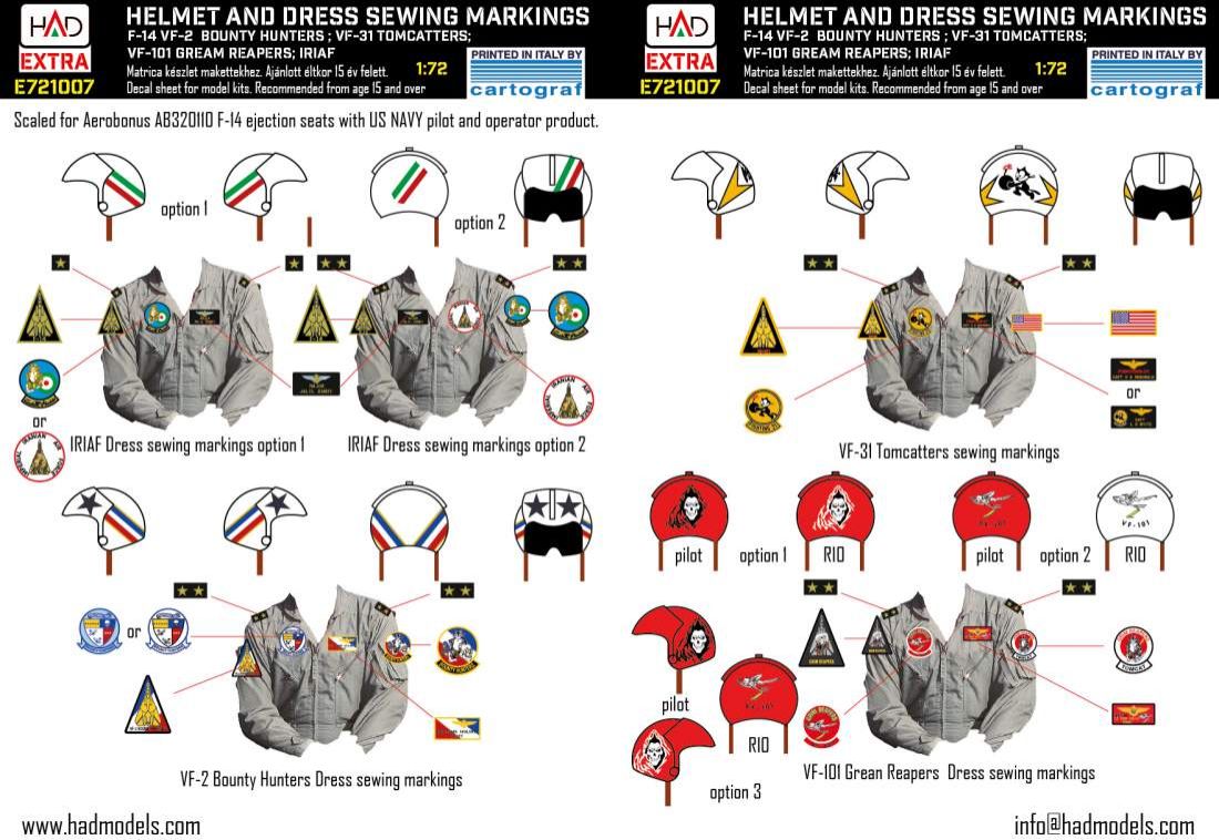 1:72 F-14A/D helmet and dress sewing markings VF-2, VF-101, VF-31 decal sheet