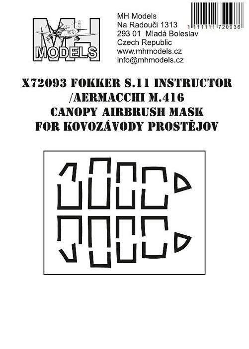 1:72 Fokker S.11 Instructor / Aermacchi M.416 canopy airbrush mask for Kovozávody Prostějov /KVP