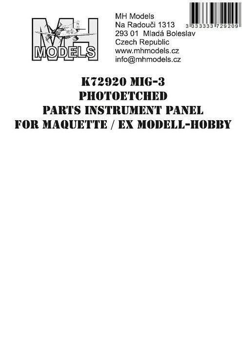 1:72 Mig-3 Photoetched parts instrument panel for Maquette ex Modell-Hobby /MQT