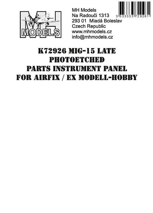 1:72 Mig-15 Late Photoetched parts instrument panel for Airfix ex Modell-Hobby /AFX