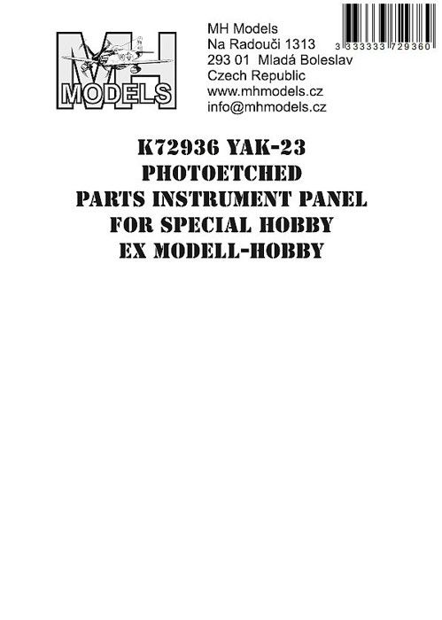 1:72 Yak-23 Photoetched parts instrument panel for Special Hobby ex Modell-Hobby /SPH
