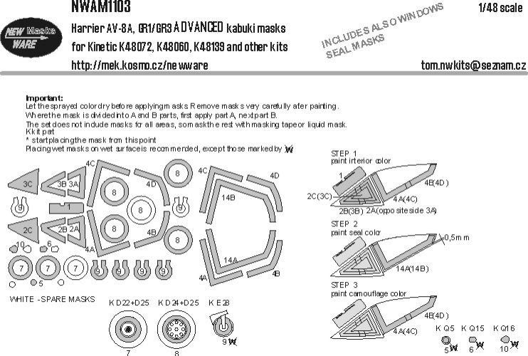 1:48 Harrier AV-8A, GR1/GR3 ADVANCED Kabuki Masks For Kinetic