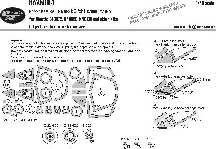 1:48 Harrier AV-8A, GR1/GR3 EXPERT Kabuki Masks For Kinetic