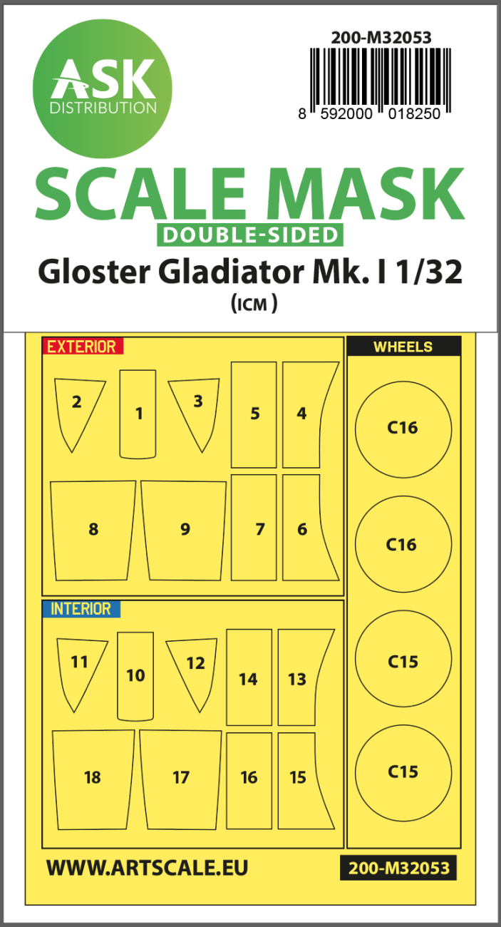 1:32 Gloster Gladiator Mk.I double-sided painting mask for Revell / ICM
