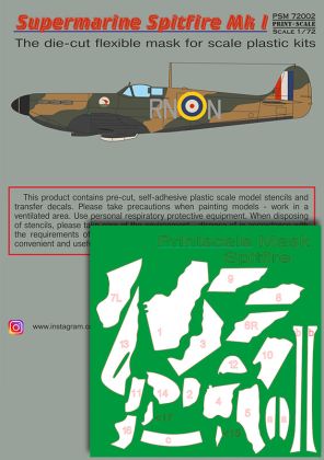 1:72 Supermarin Spitfire Mk.1 mask + decals
