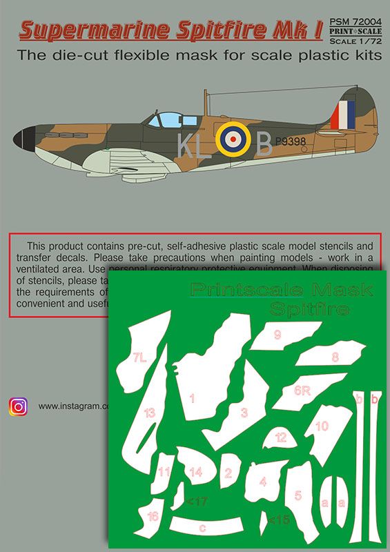 1:72 Supermarin Spitfire Mk.1 mask + decals