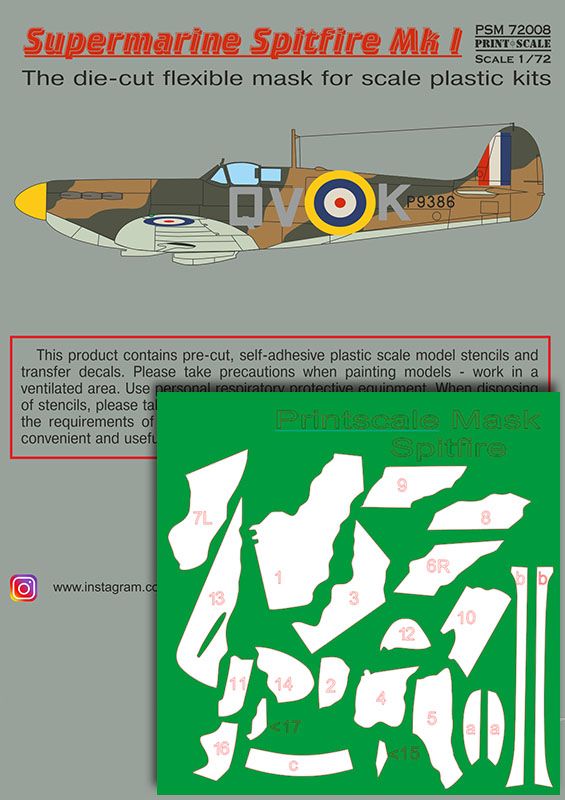 1:72 Supermarin Spitfire Mk.1 mask + decals