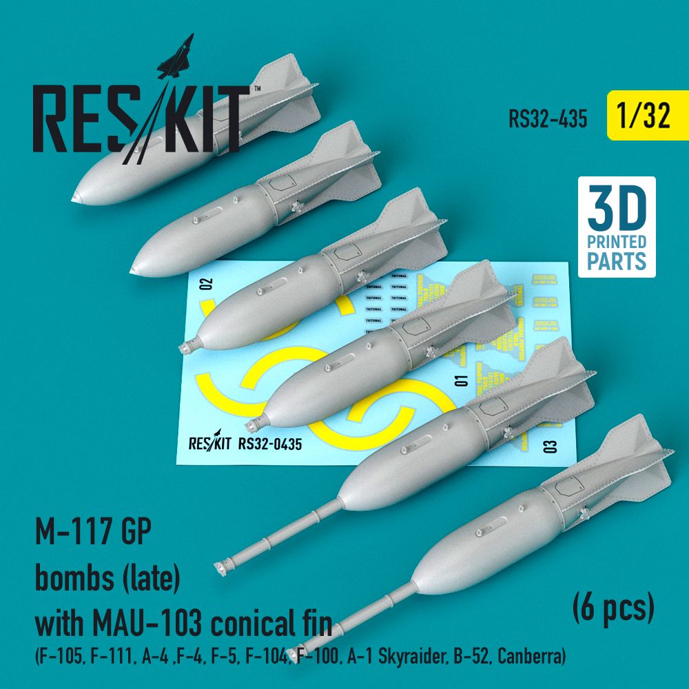 1:32 M-117 GP bombs (late) with MAU-103 conical fin (6 pcs) (F-105, F-111, A-4 ,F-4, F-5, F-104, F-100, A-1 Skyraider, B-52, Canberra)