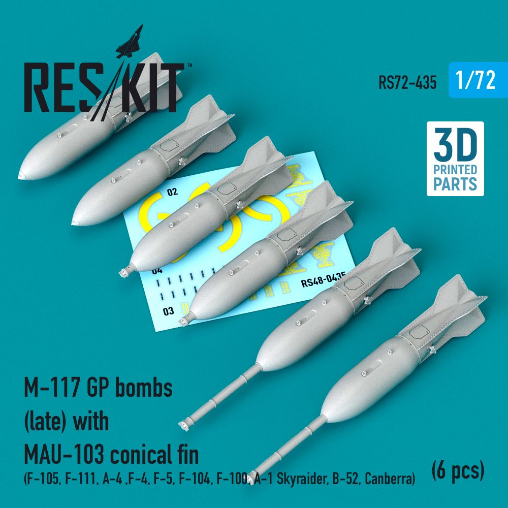 1:72 M-117 GP bombs (late) with MAU-103 conical fin (6 pcs) (F-105, F-111, A-4 ,F-4, F-5, F-104, F-100, A-1 Skyraider, B-52, Canberra)