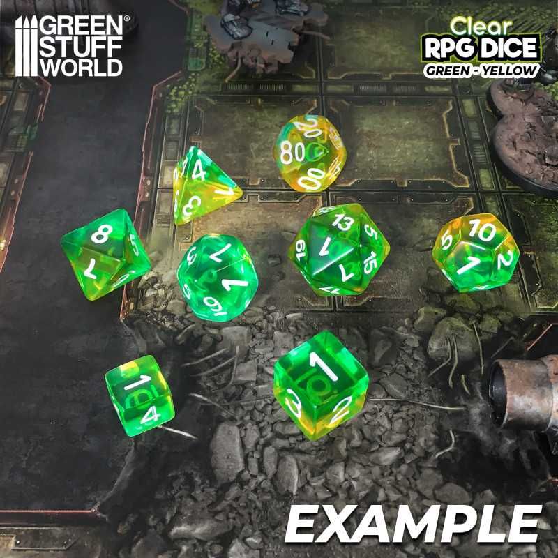7x Mix 16mm Dice - Clear Green/Yellow