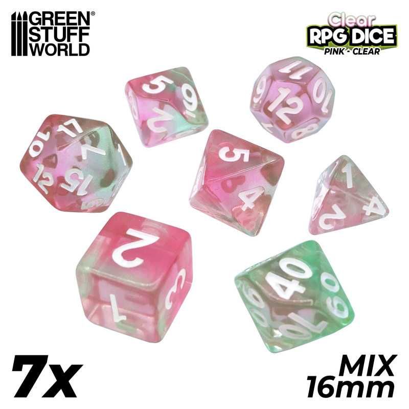 7x Mix 16mm Dice - Clear Pink