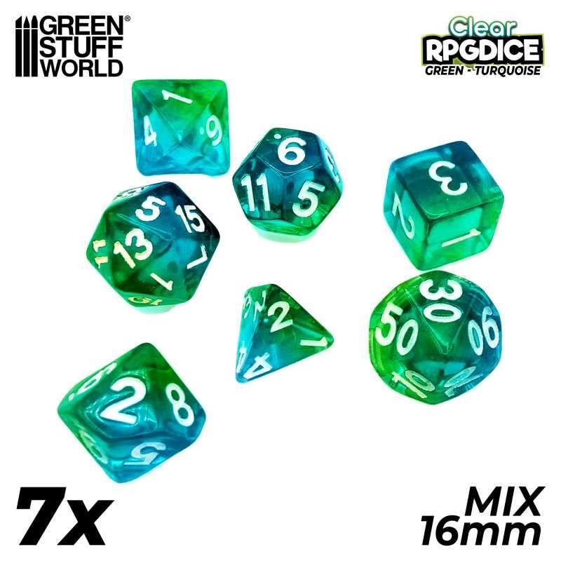 7x Mix 16mm Dice - Green - Turquoise