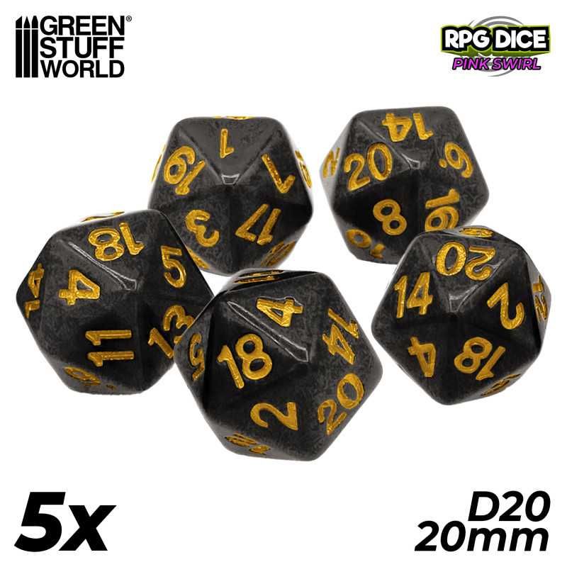 5x D20 20mm Dice - Blue - Black