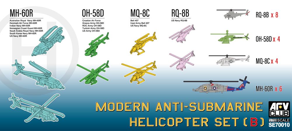 1:700 Modern Anti-submarine Helicopter Set B (MH-60R, MQ-8C, OH-58D, RQ-8B)