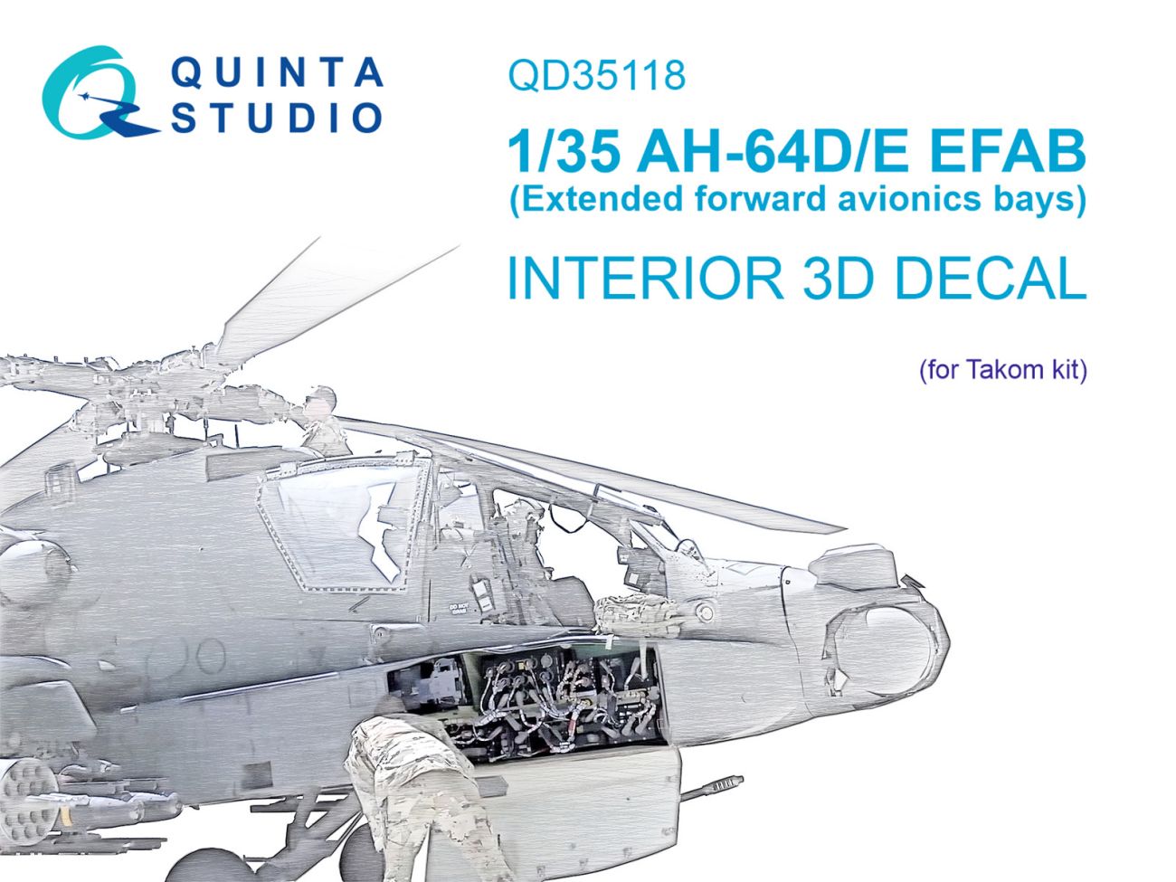 1:35 AH-64D Extended forward avionics bays 3D-Printed & coloured Interior on decal paper (Takom)