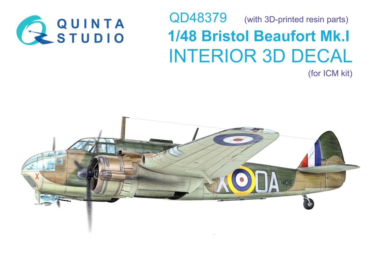1:48 Bristol Beaufort Mk.I 3D-Printed & coloured Interior on decal paper (ICM) (with 3D-printed resin parts)