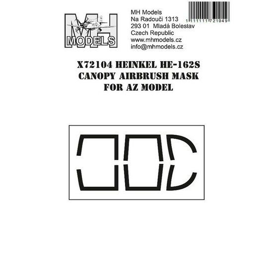 1:72 Heinkel He-162S canopy airbrush mask for AZ model