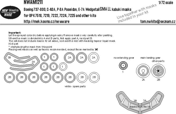 1:72 Boeing 737-800, C-40A, P-8A Poseidon, E-7A Wedgetail SMALL kabuki masks