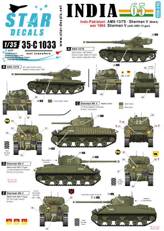 1:35 India 1965. Indo-Pakistani War of 1965. AMX-13/75, Sherman Mk V.