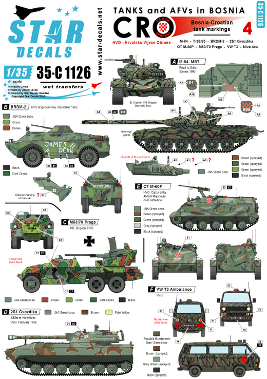 1:35 Tanks & AFVs in Bosnia # 4. HVO (Croatian) M-84, T-34, Praga, M-60. 2S1, BRDM-2, VW T3.