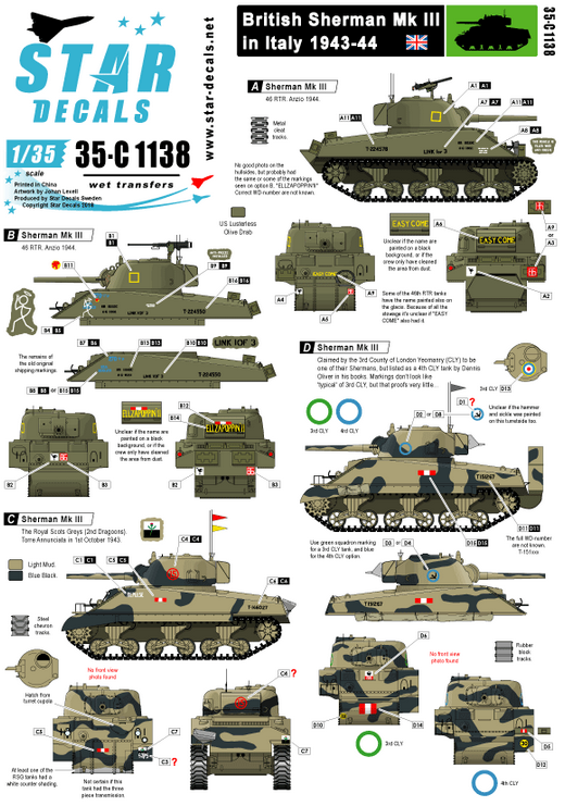 1:35 British Sherman III in Italy 1943-44. 46 RTR, Royal Scots Greys, 3rd or 4th CLY.