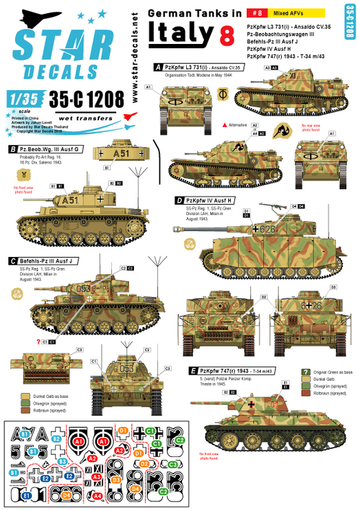 1:35 German Tanks in Italy # 8. CV.35, Pz-Beob.Wg. III, Bef-Pz III J, PzKpfw IV H, T-35 m/1943.