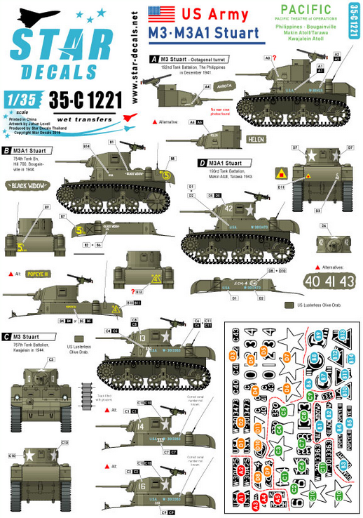 1:35 M3 and M3A1 Stuart. US Army in the Pacific. Philippines, Bougainville, Kwajalein, Makin / Tarawa.