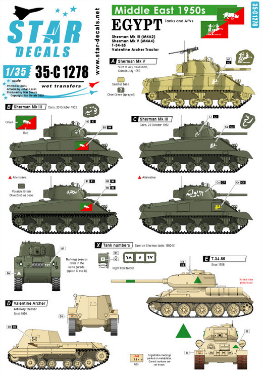 1:35 Middle East in the 1950s. Egypt Shermans and T-34 tank markings.