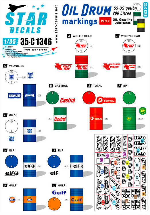1:35 Oil Drum markings # 2. Wolf's Head, Valvoline,Castrol, Total, Q8 Oils, BP, Gulf, Elf.