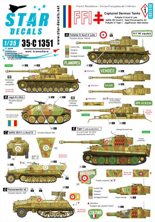 1:35 FFI # 1. Captured German Tanks. PzKpfw IV H Late , SdKfz 251 D, Panzerwerfer 42, Tiger I , JgPz 38(t) Hetzer.