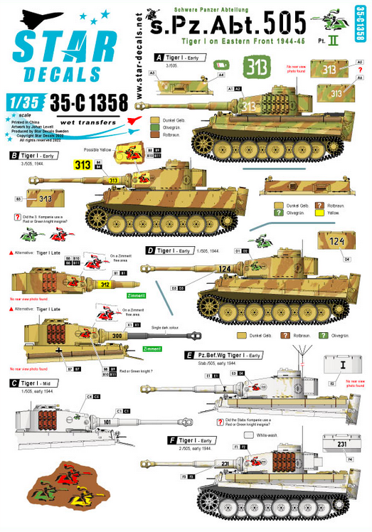1:35 s.Pz.Abt. 505 1943-44. Tiger I on Eastern front 1944-45. Early and mid production Tiger I and Befehls-Tiger.